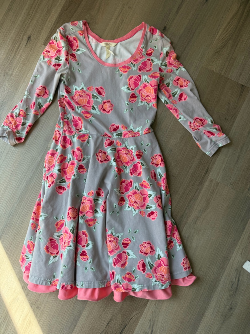 Matilda Jane Gray Dress with Pink Trim and Coral Floral Accents
